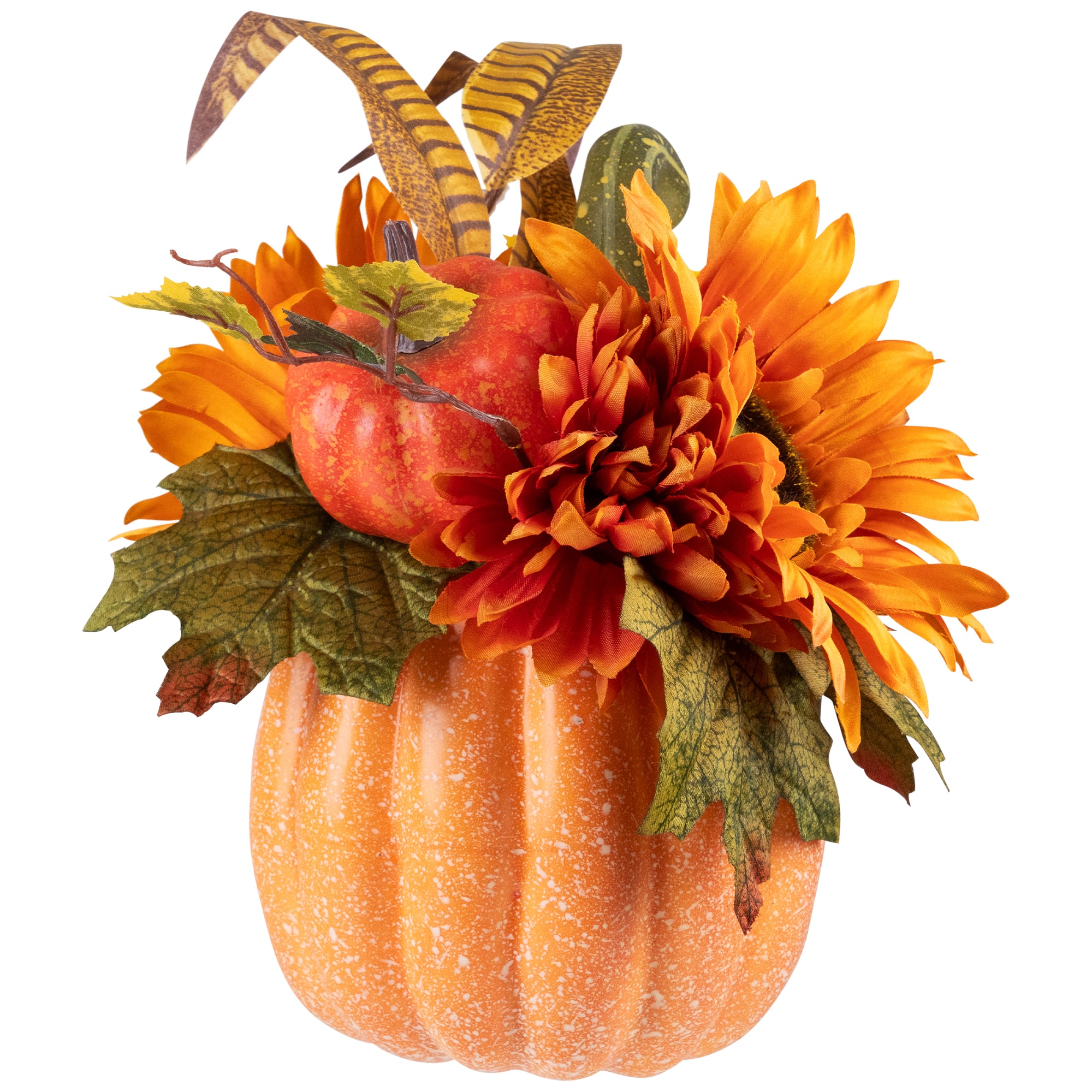 10" Autumn Harvest Pumpkin with Sunflowers, Mums & Pine Cones Décor